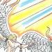 The myth Icarus flying too close to the sun, his wings have caught fire and they are begining to fal..